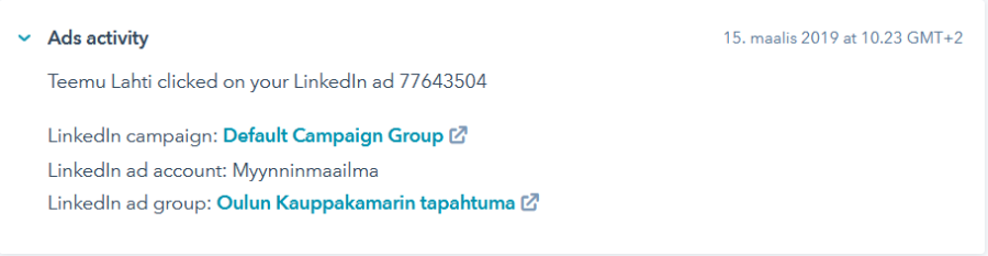Mainoksen seurannasta on nähtävissä ketkä organisaation kontakteista ovat reagoineet mainokseen.