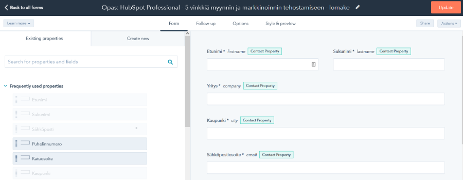 Lomakkeen muokkaus HubSpotissa