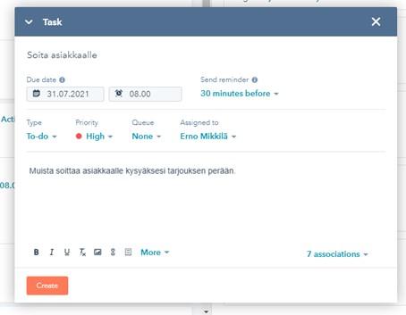 Kuvakaappaus HubSpotin tasks-työkalusta.